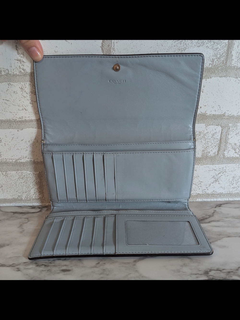 Coach Light Blue Leather & Signature Brown Continental Wallet - Picture 3 of 4